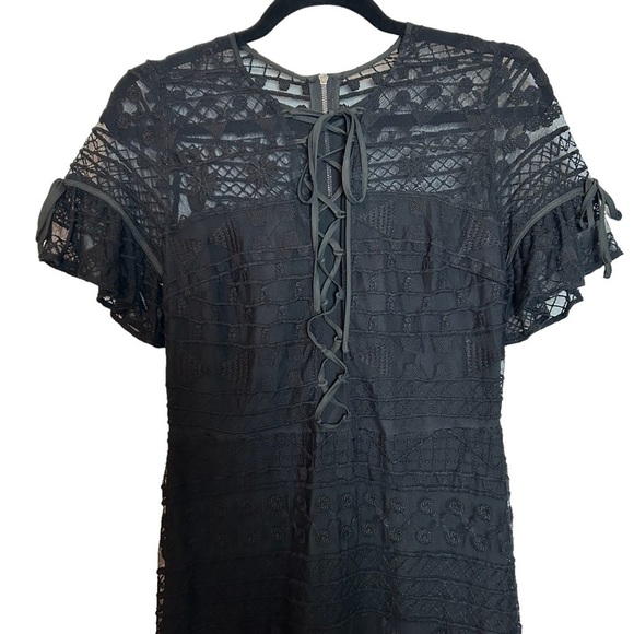 Parker Short Sleeve Lace & Lace Up Front Tiered Ruffled Black Lined Midi Dress - Picture 3 of 16